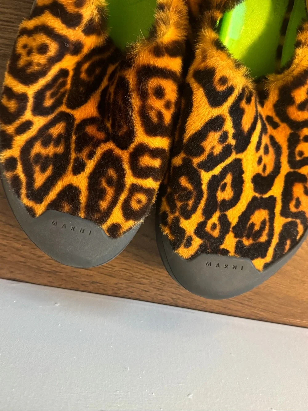 Marni Leopard Print Fur Slingback Loafers with Neon Green Insole